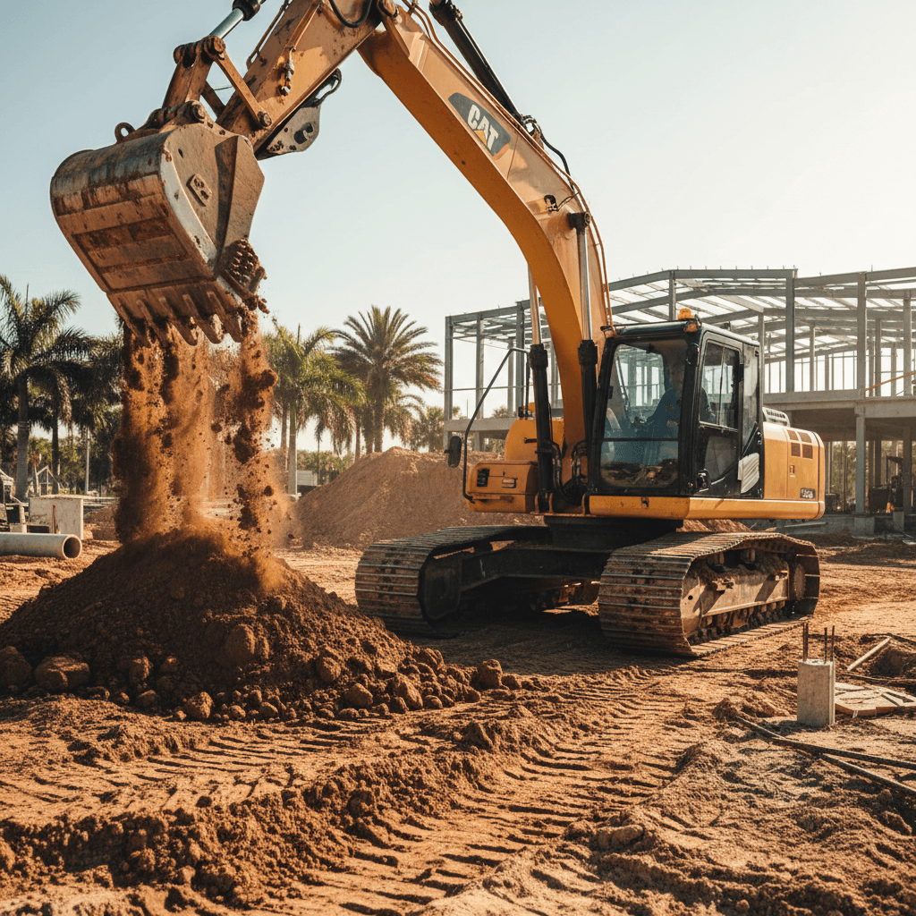 Excavator working at a Florida construction site
