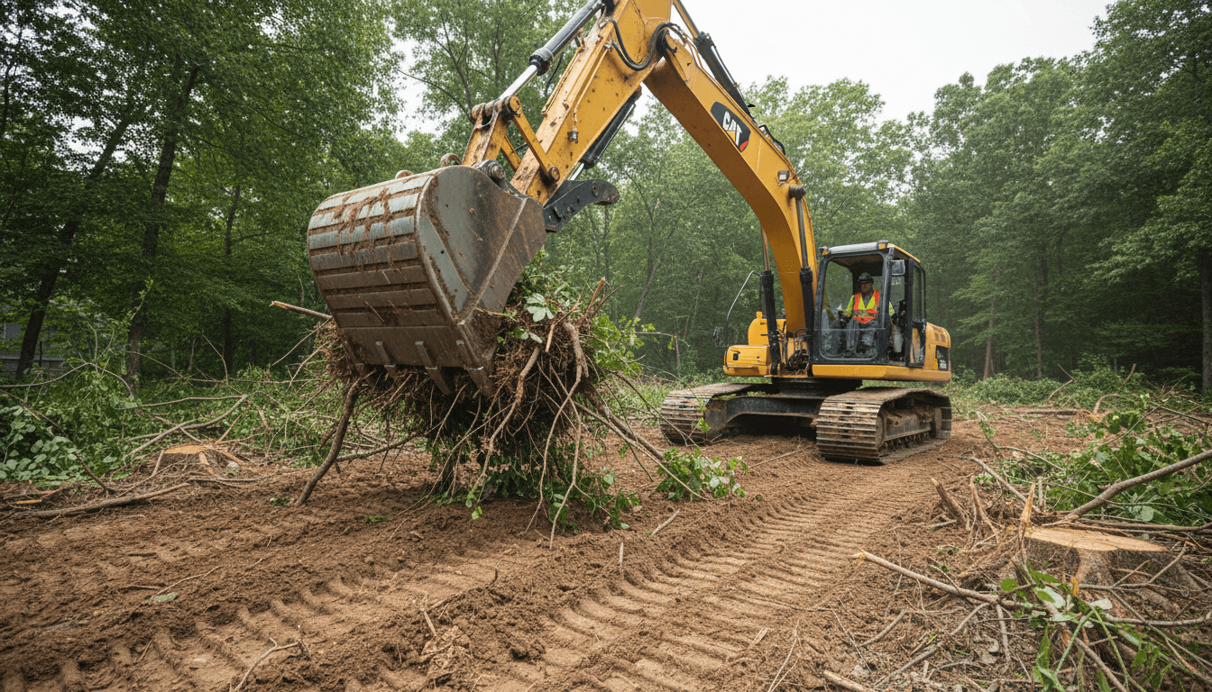 Track loader moving debris on a cleared site