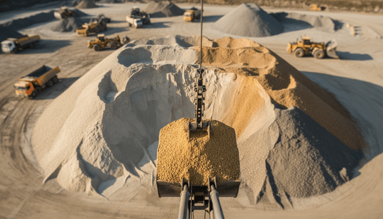 Front end loader carrying a full gravel bucket