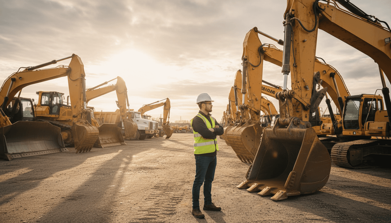 Heavy construction machinery lined up in a Florida equipment yard at sunset