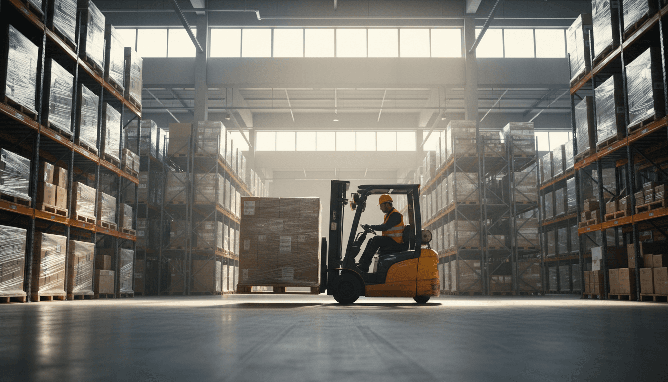 Forklift moving a pallet of concrete blocks