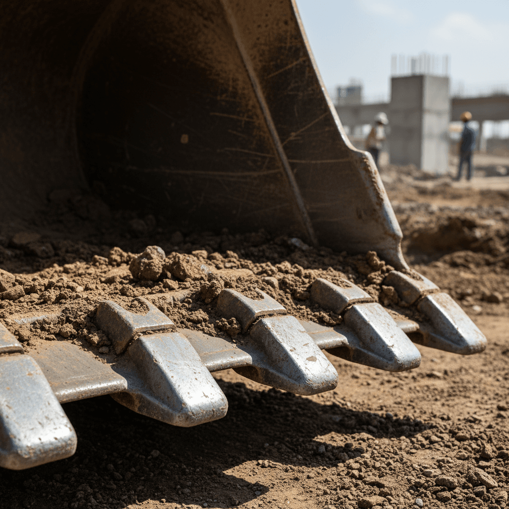 Close-up of excavator bucket and hydraulic arm against blue sky