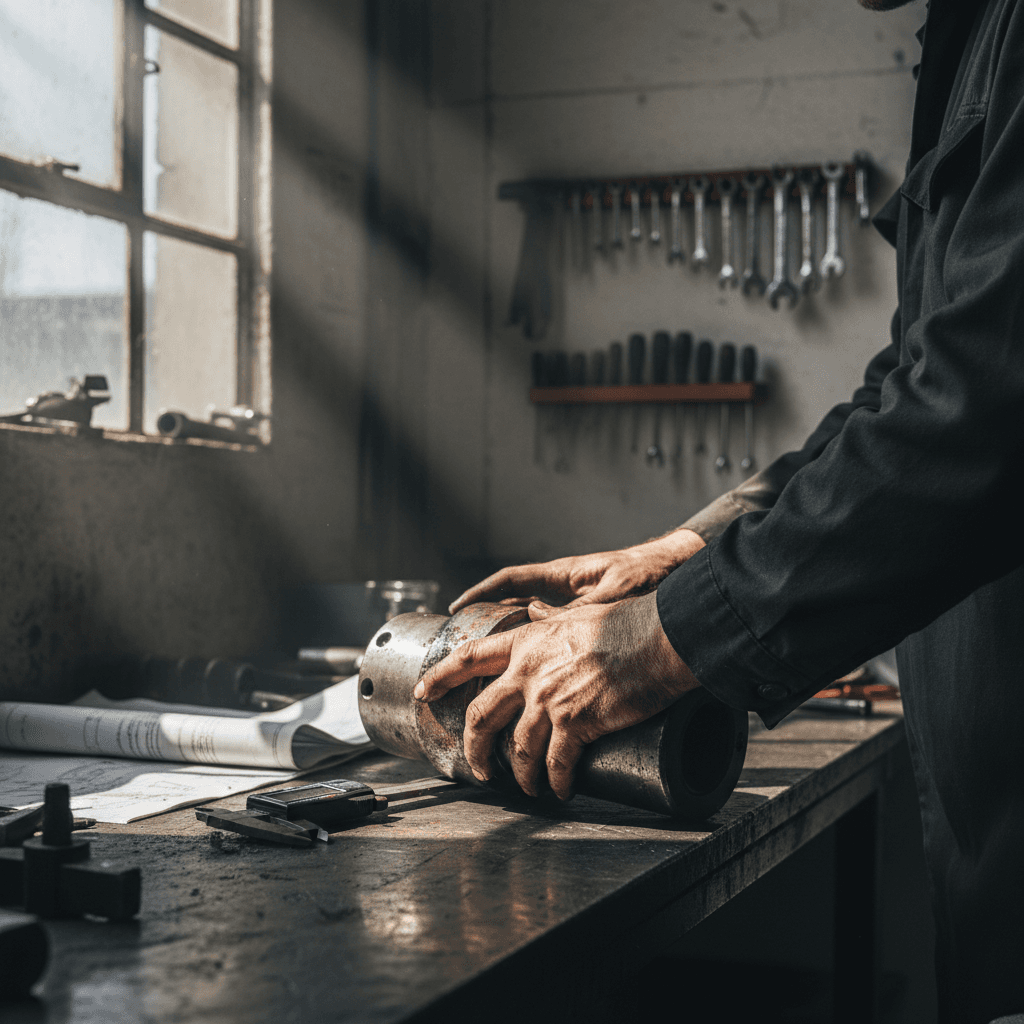 Mechanic's gloved hands working on an excavator hydraulic cylinder